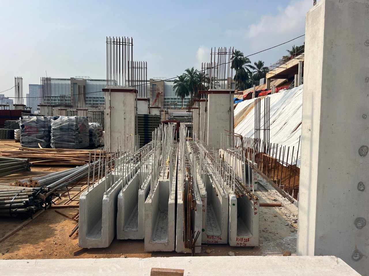 Reinforced concrete and precast elements at a construction site